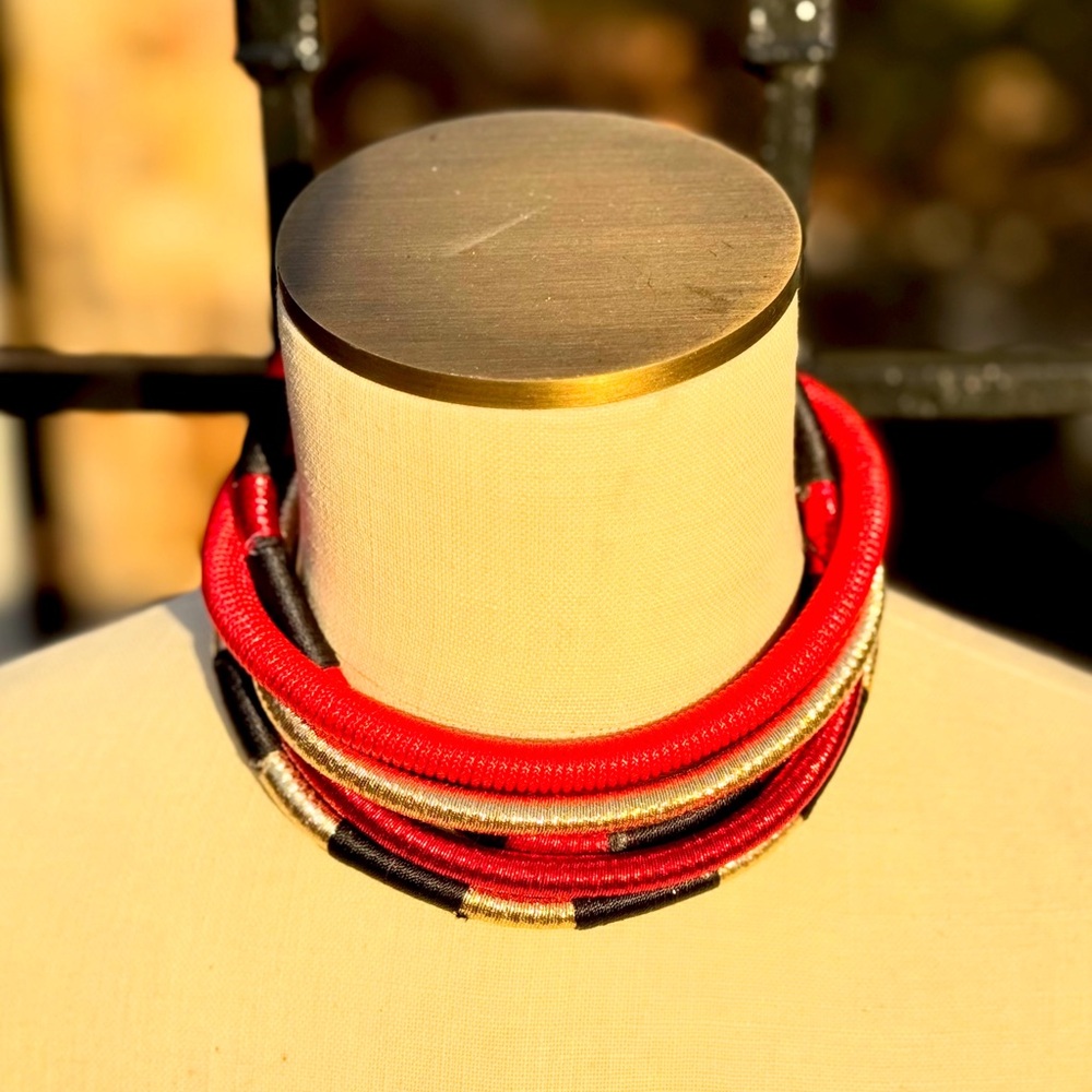 fun tribal necklace with red, black and gold hues